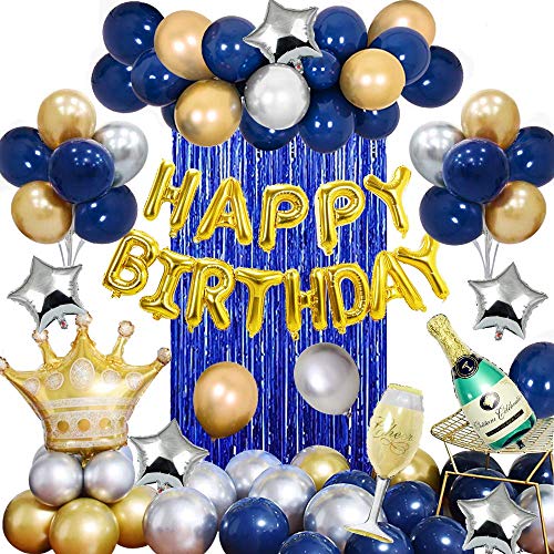 Decoraciones cumpleaños para hombres globos azul marino pancarta HAPPY BIRTHDAY globos blancos globos confeti plateados banderines estrellas plateadas globos oro metálicos Globos Luna Estrella 